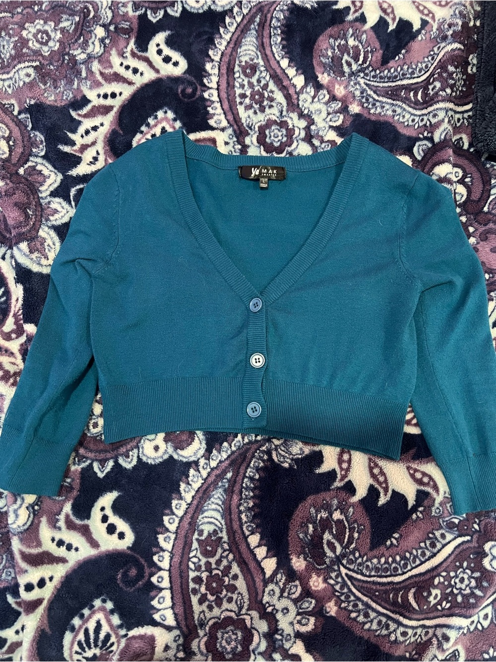 Teal Cropped Button-Front Women's Sweater
